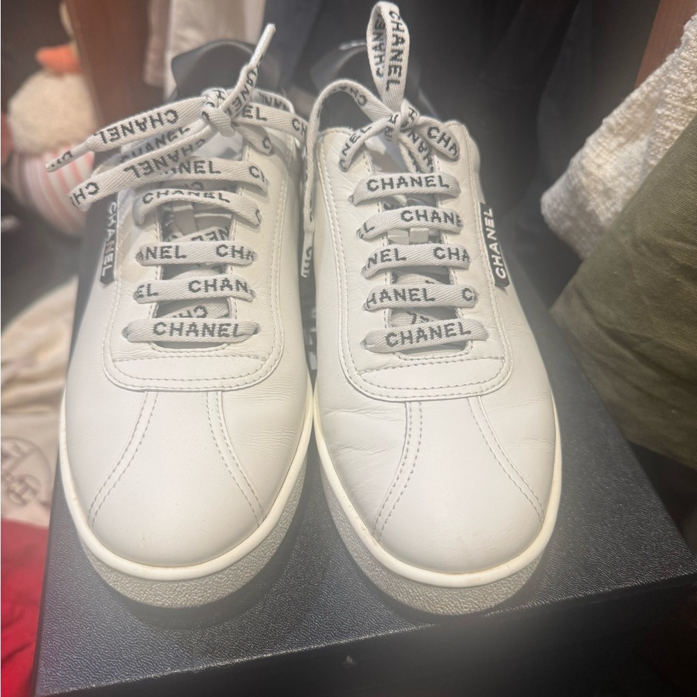 Chanel White Sneakers with Logo Laces